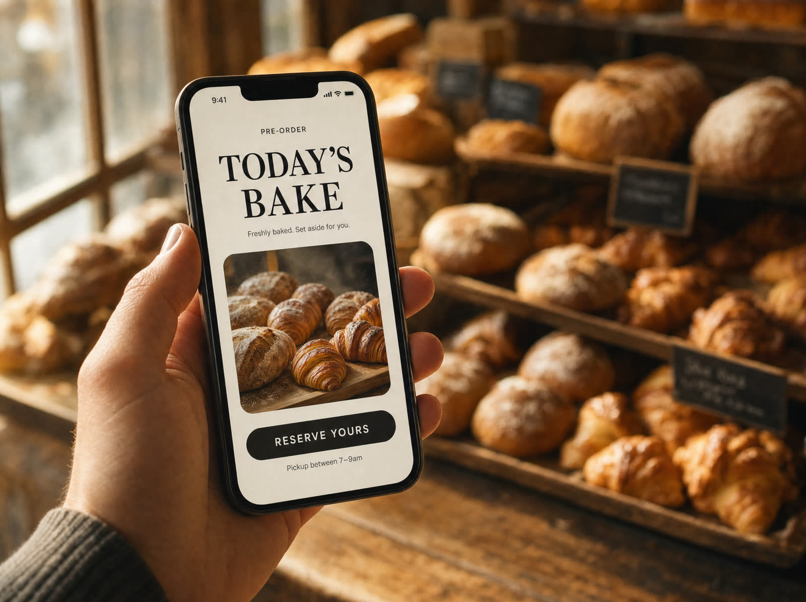 Illustrative pre-order app screen for a fictional neighbourhood bakery