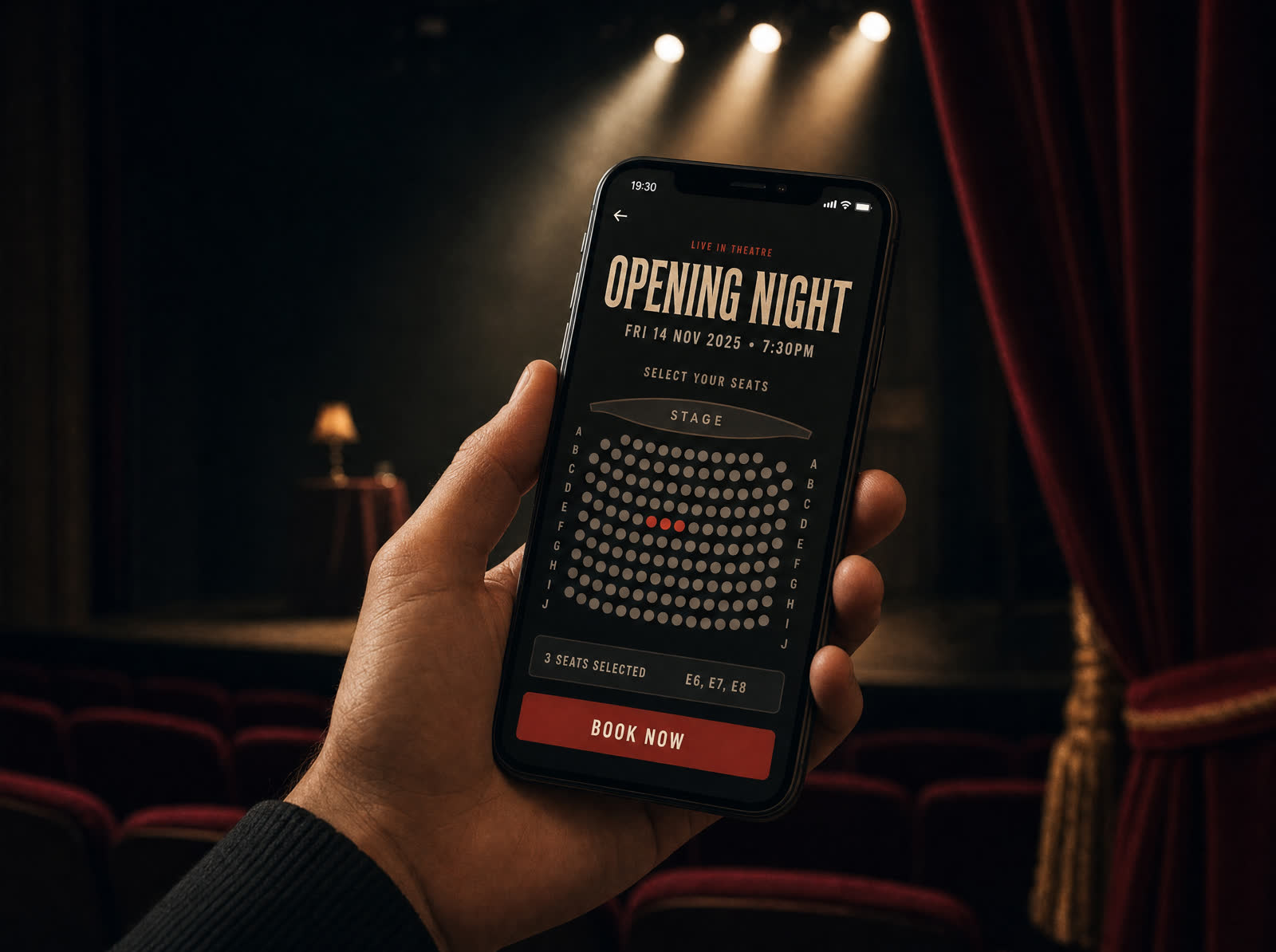 Illustrative seat-selection ticketing screen for a fictional theatre production