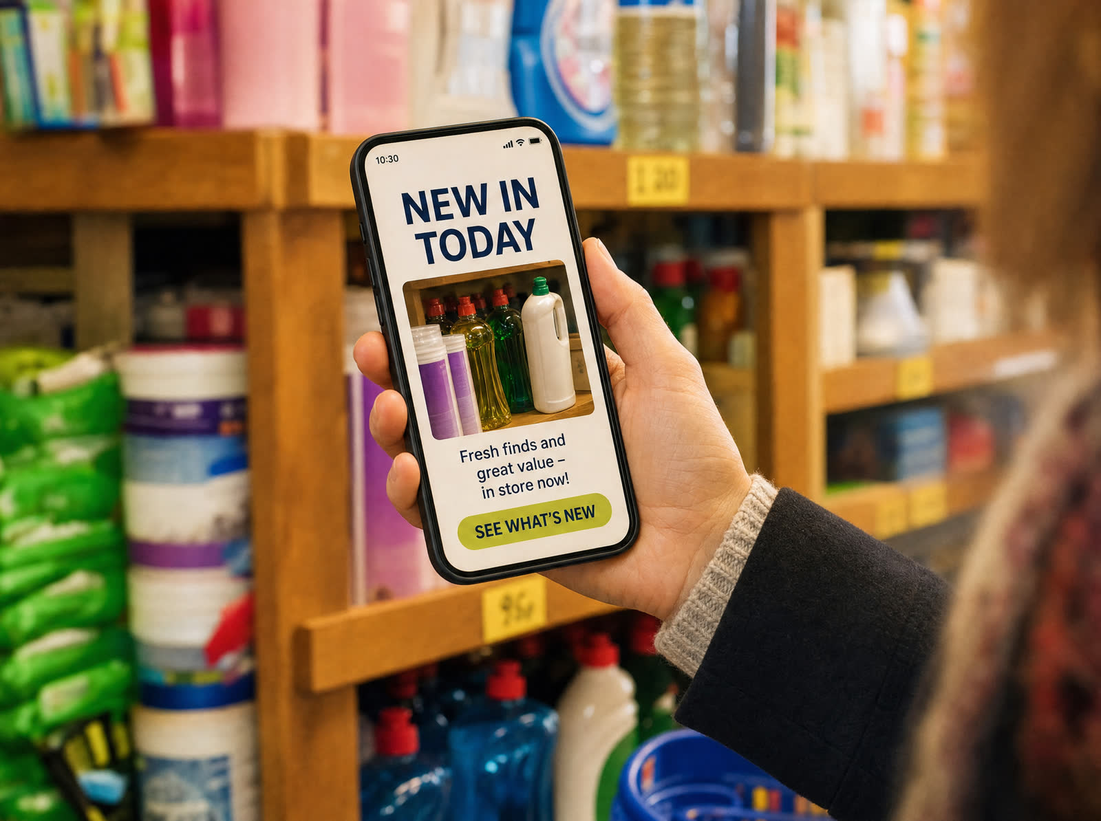 Illustrative new-stock alert notification for a fictional value retailer