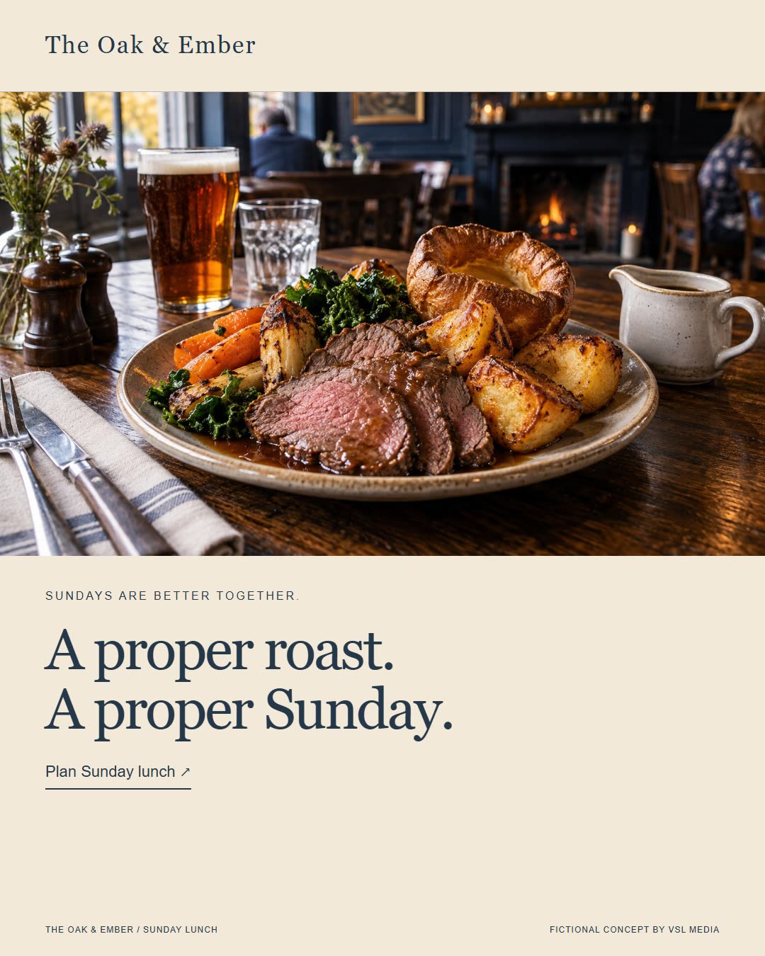 The Oak & Ember campaign artwork: A proper roast. A proper Sunday.
