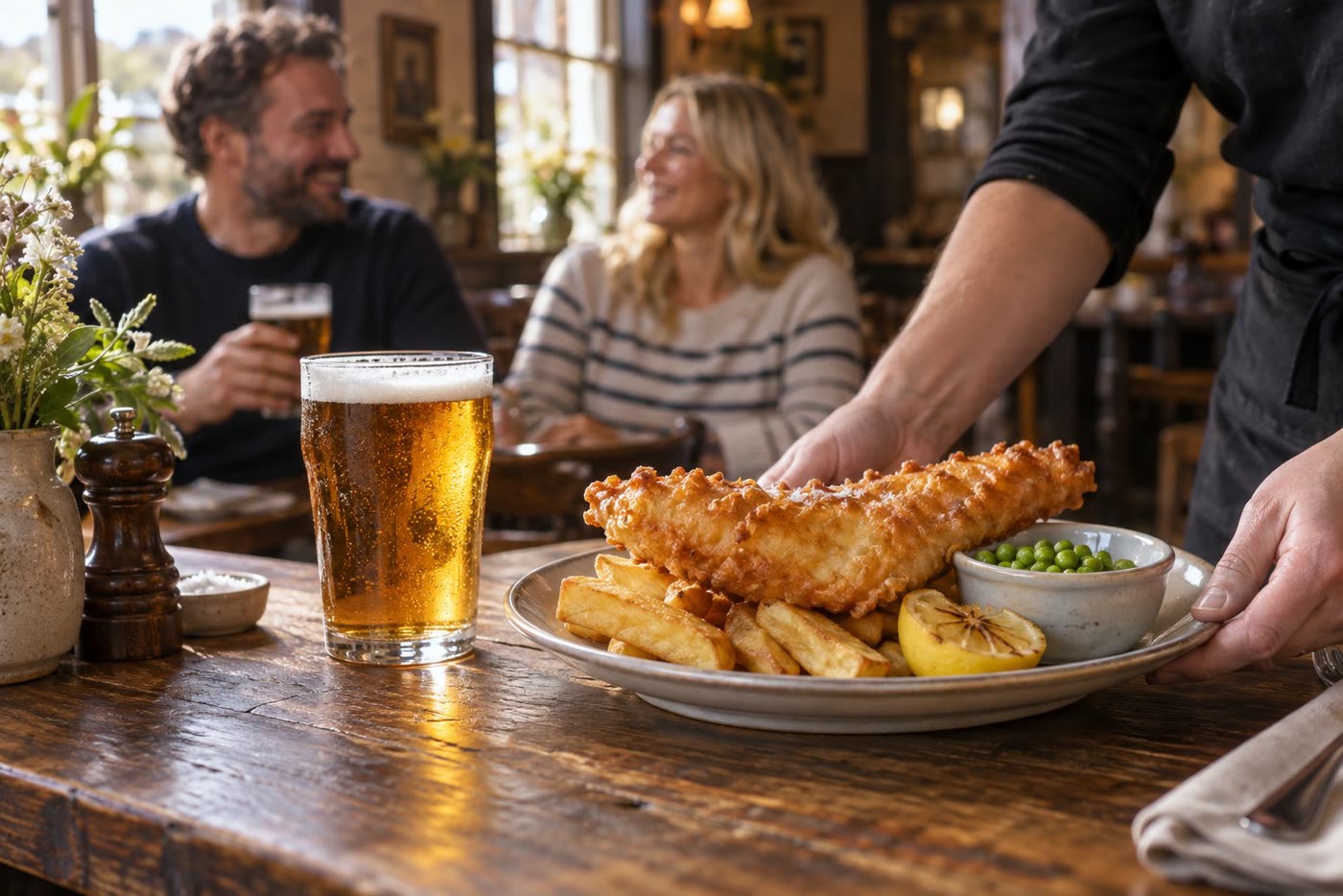 Illustrative pub scene with freshly served fish and chips, a pint and guests at a table